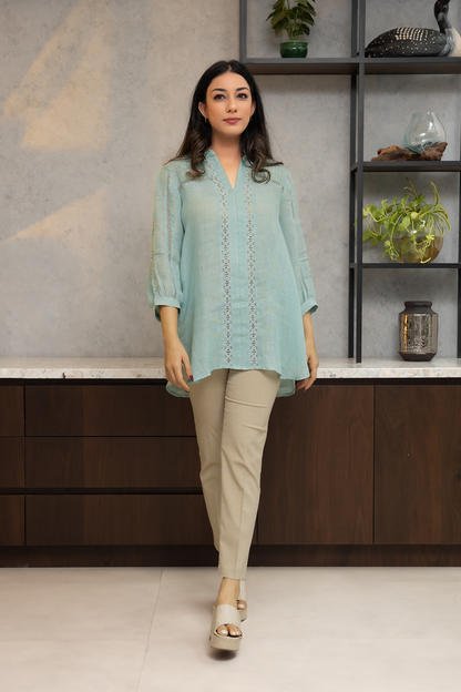 Sea-Green Pure Linen Shirt with Lace Detailing