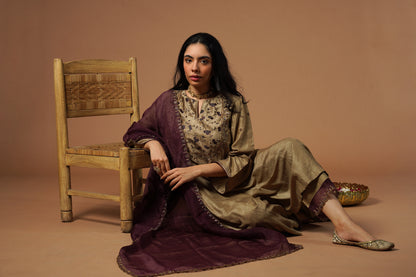 Beige Gold Kalidar Kurta With Embroidered Velvet Yoke And Sleeves