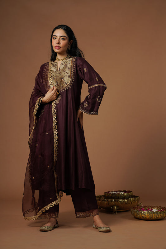 Wine Kalidar Kurta With Embroidered Velvet Yoke And Sleeves