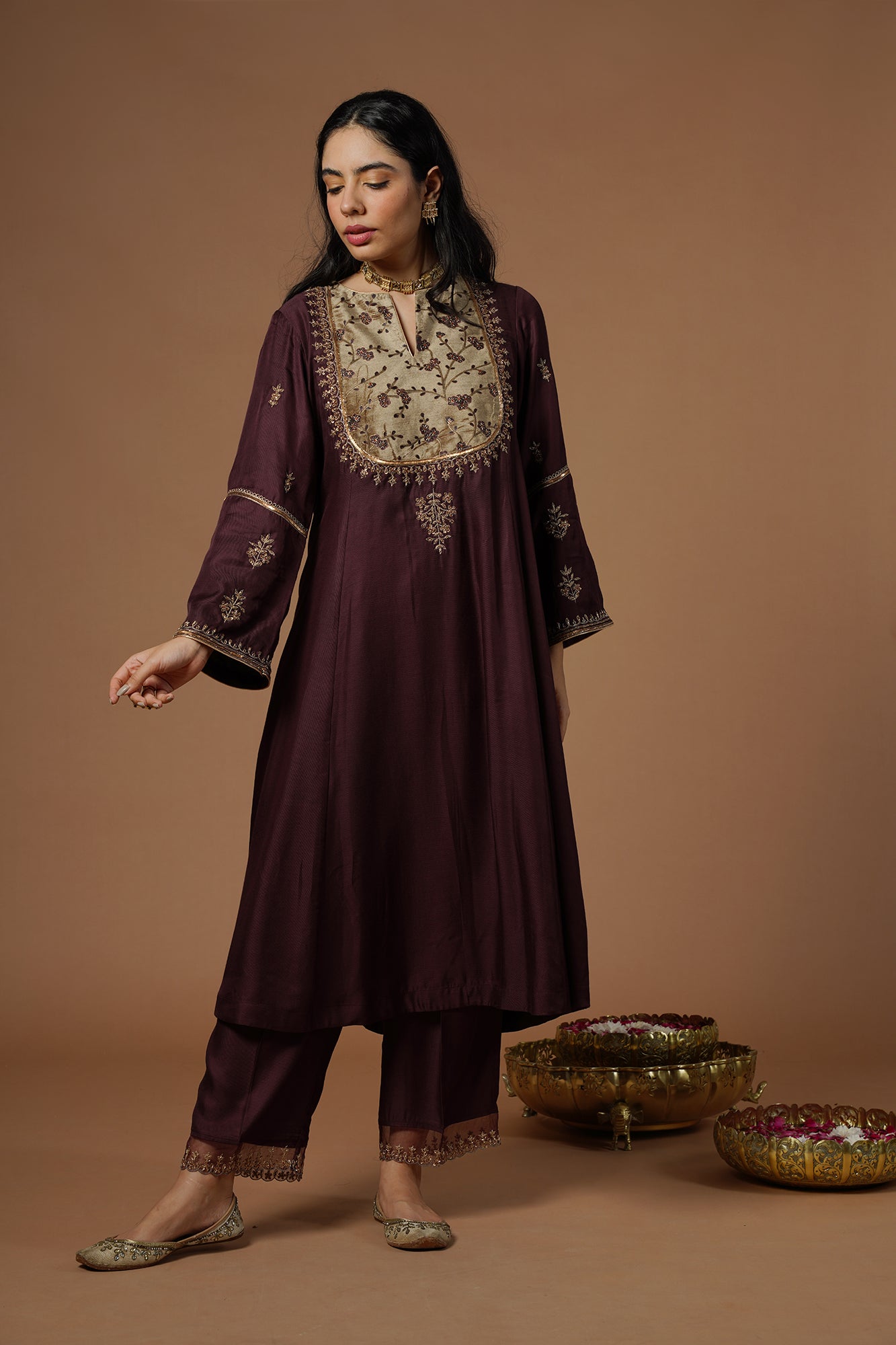 Wine Kalidar Kurta With Embroidered Velvet Yoke And Sleeves