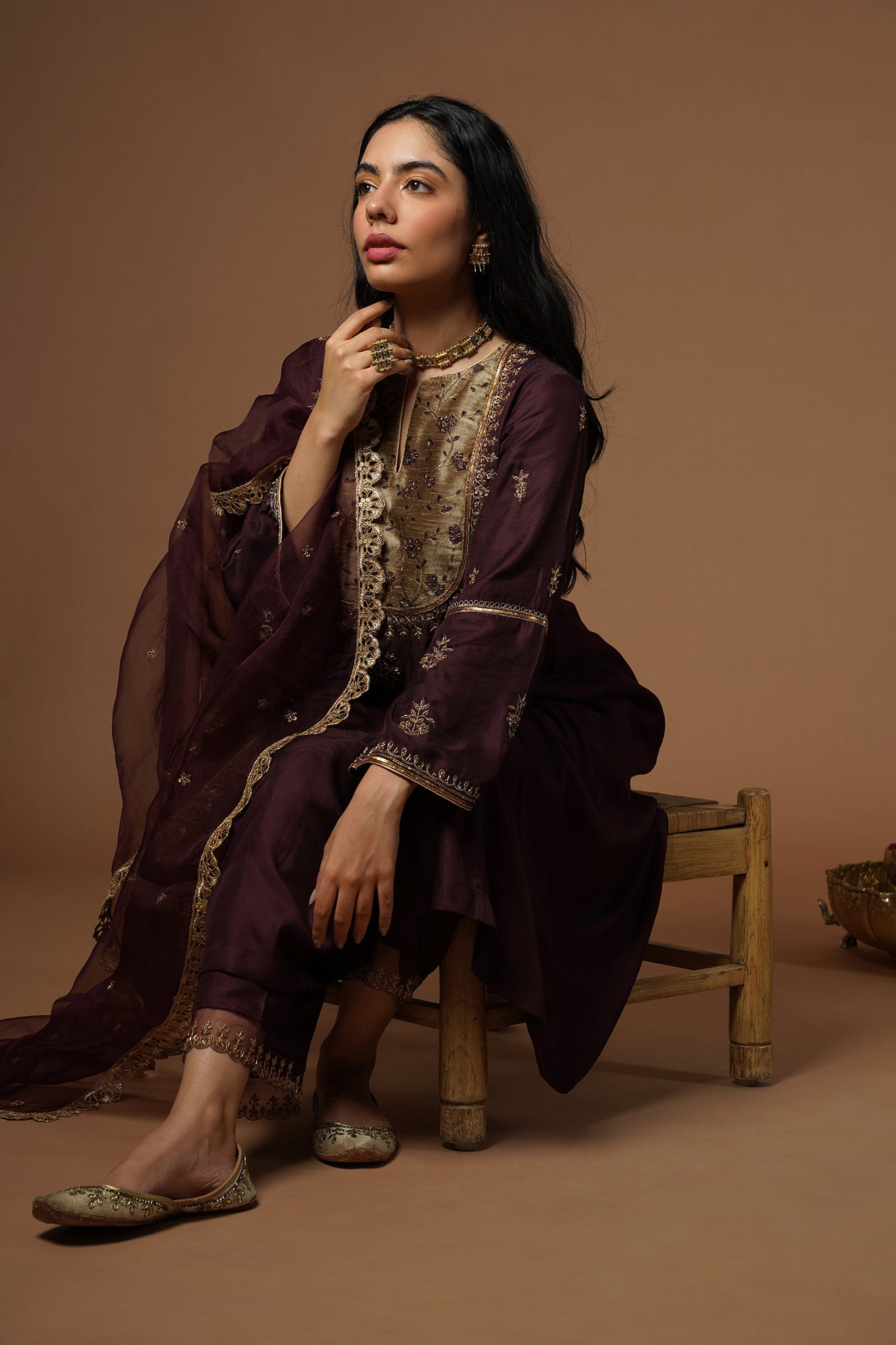 Wine Kalidar Kurta With Embroidered Velvet Yoke And Sleeves