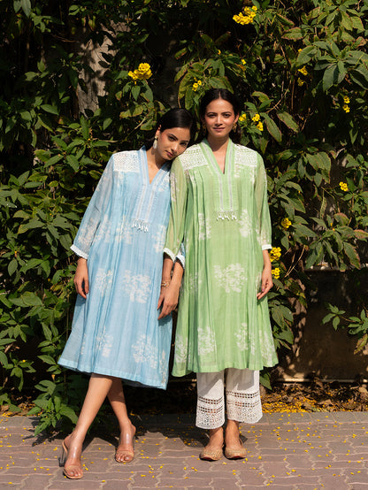 Powder Blue Pleated Discharge Printed Chanderi Kurta