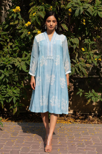 Powder Blue Pleated Discharge Printed Chanderi Kurta