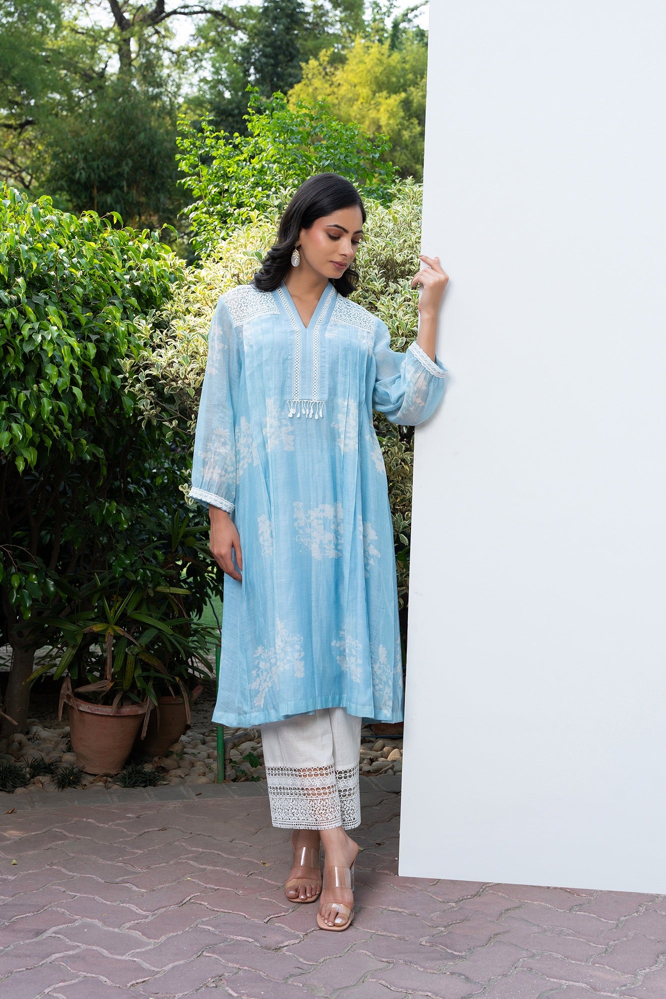 Powder Blue Pleated Discharge Printed Chanderi Kurta