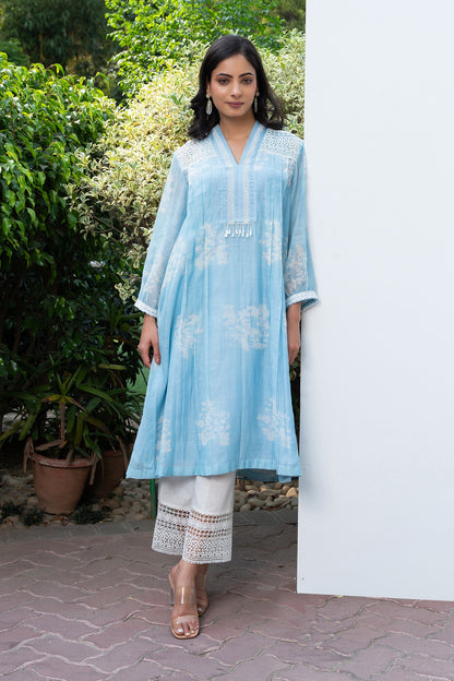 Powder Blue Pleated Discharge Printed Chanderi Kurta