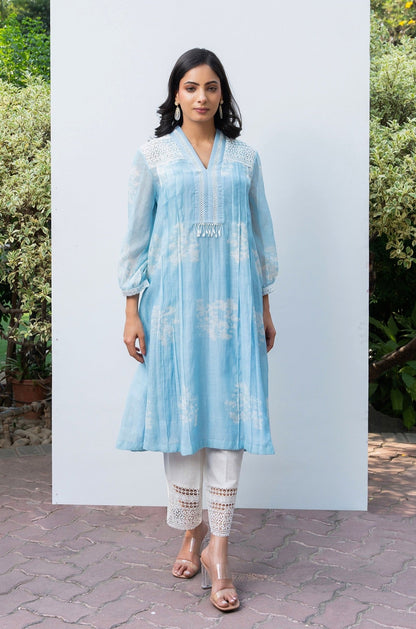 Powder Blue Pleated Discharge Printed Chanderi Kurta