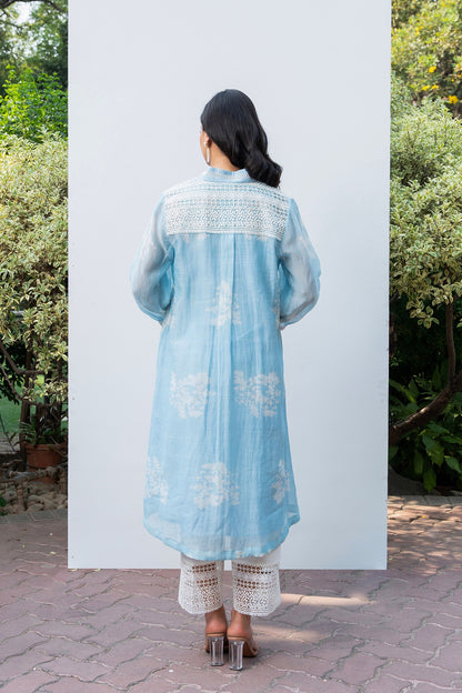 Powder Blue Pleated Discharge Printed Chanderi Kurta