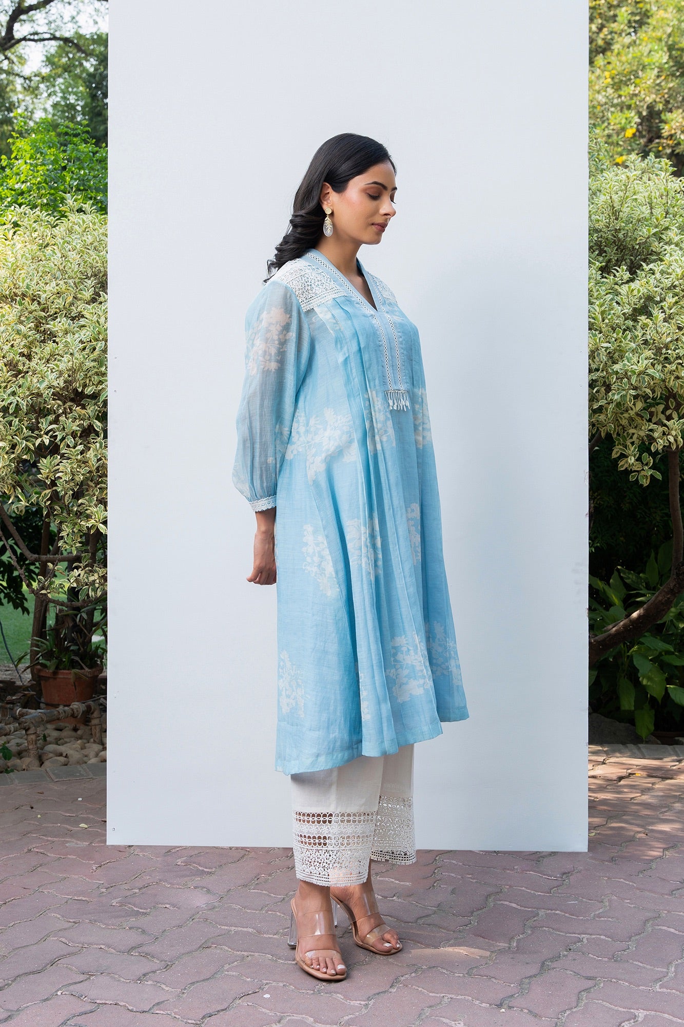 Powder Blue Pleated Discharge Printed Chanderi Kurta