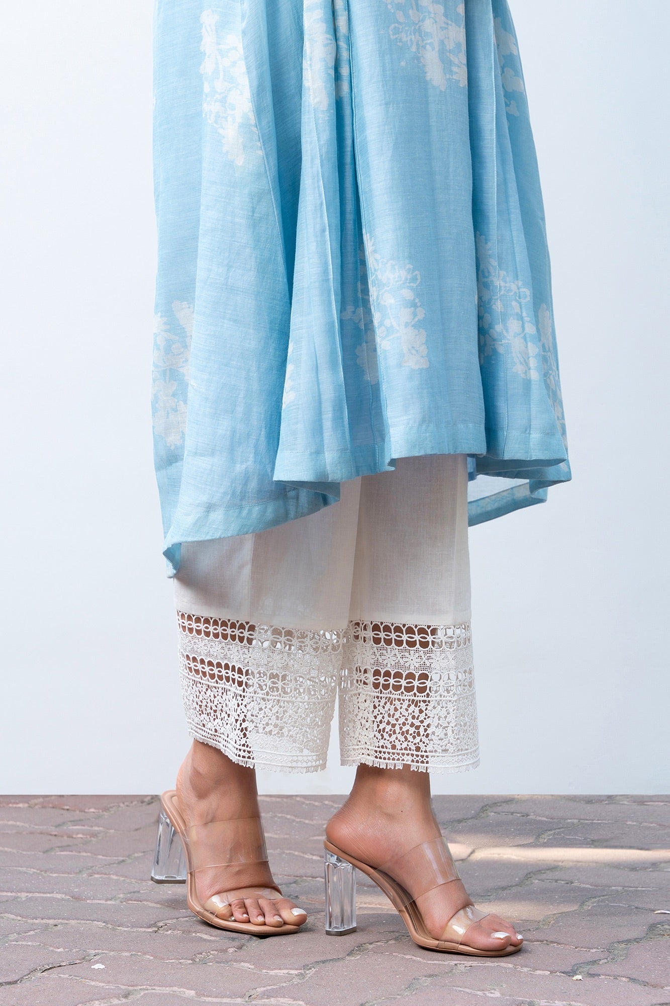 Powder Blue Pleated Discharge Printed Chanderi Kurta