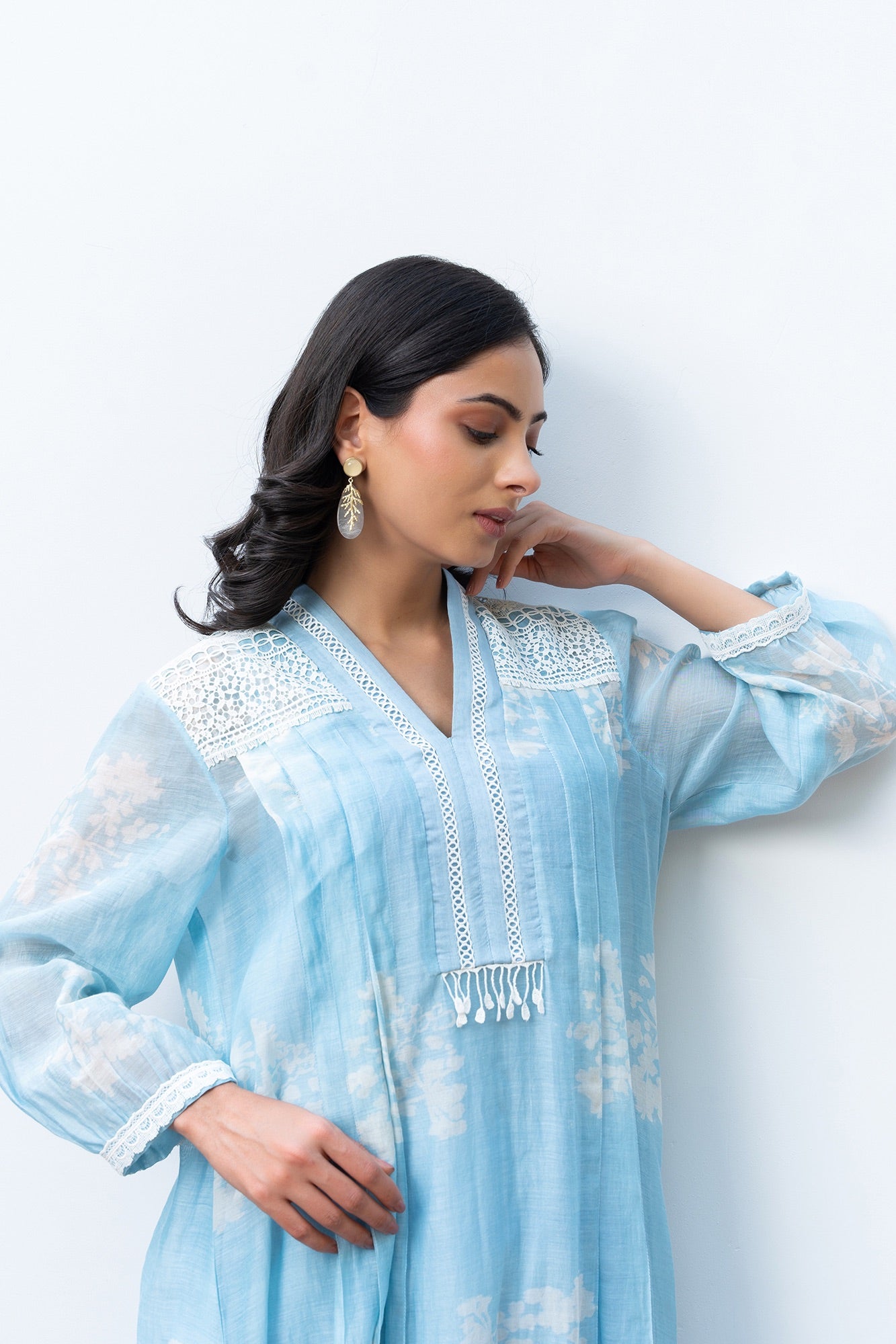 Powder Blue Pleated Discharge Printed Chanderi Kurta