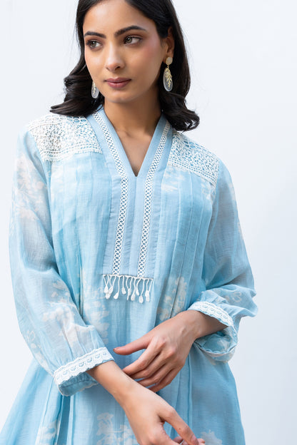 Powder Blue Pleated Discharge Printed Chanderi Kurta