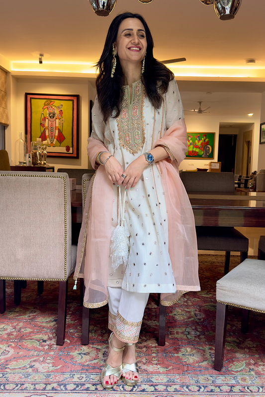 Off White Mirror Embroidered Kurta Set With Peach Accent