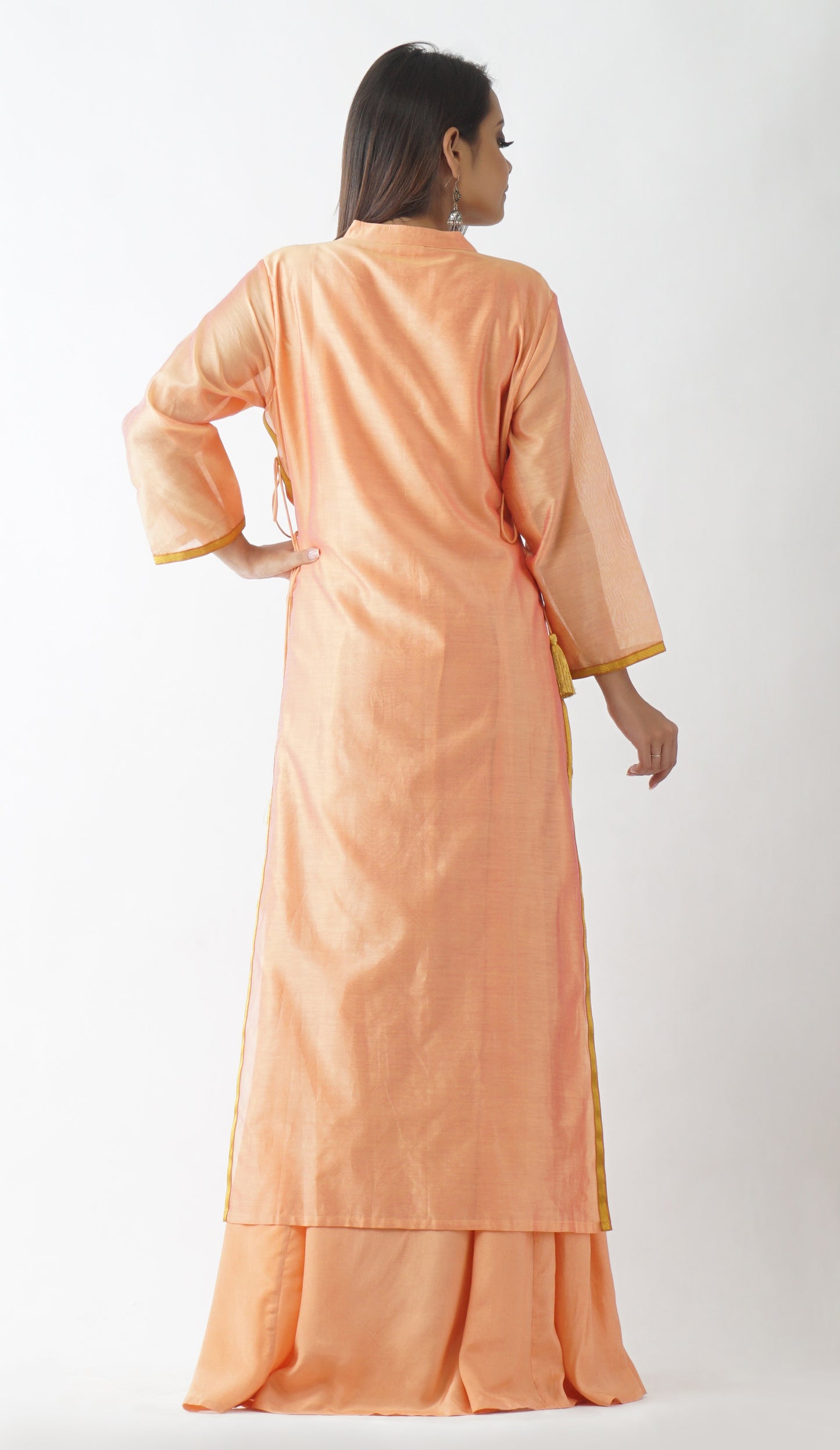 Aakash Orange Neck Embroidered Layered Kurta