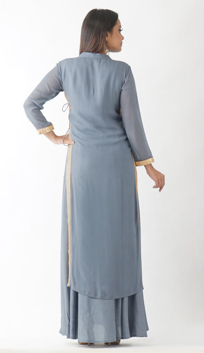 Jal Grey-Blue Embroidered Layered Kurta