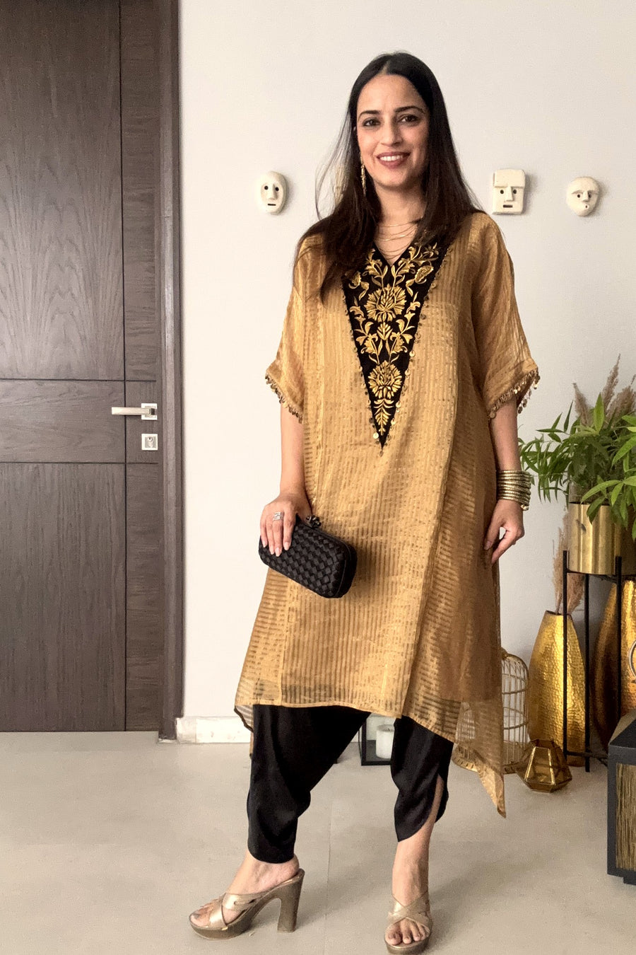 Gold Striped Long Tissue Kaftan Kurta with Embroidered Velvet Yoke