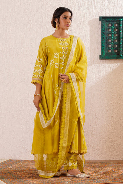 Block printed centre panel flared, side kali kurta set with lace detailing on pants and organza dupatta