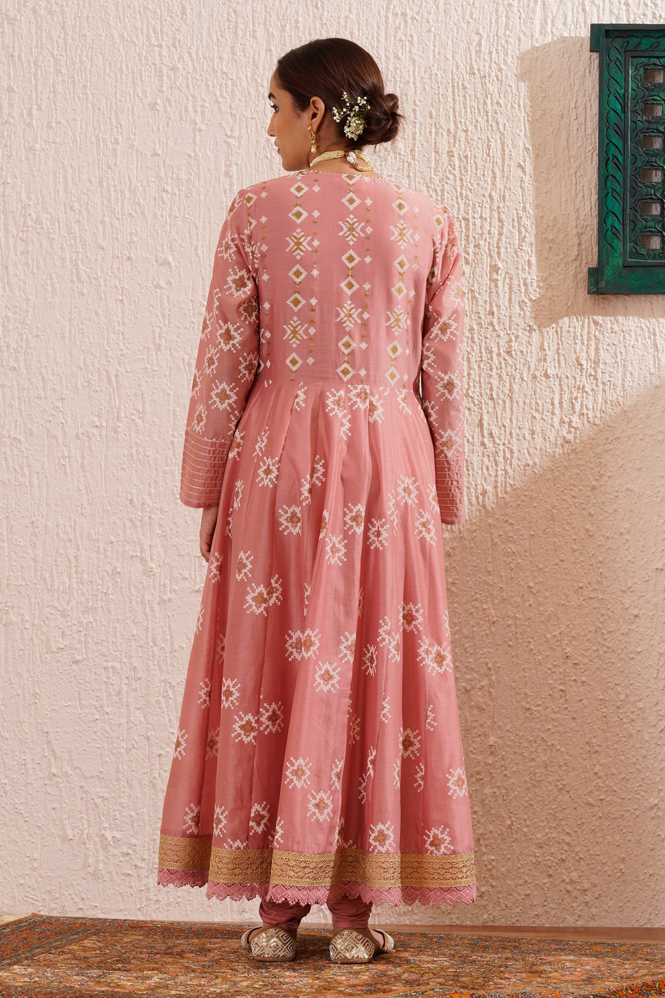 Block printed panelled anarkali with churidaar and organza dupatta