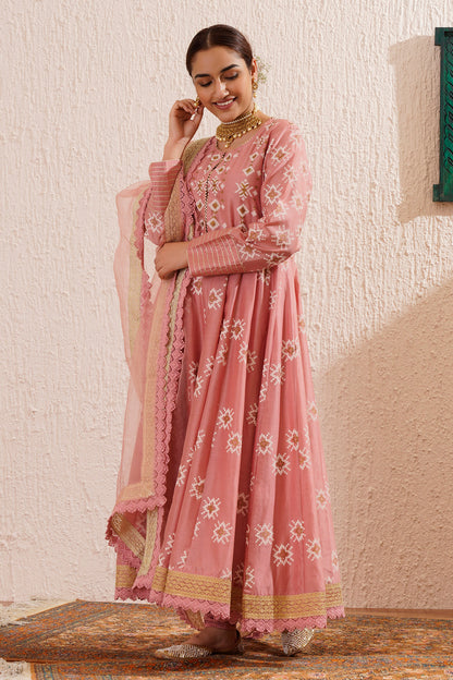 Block printed panelled anarkali with churidaar and organza dupatta