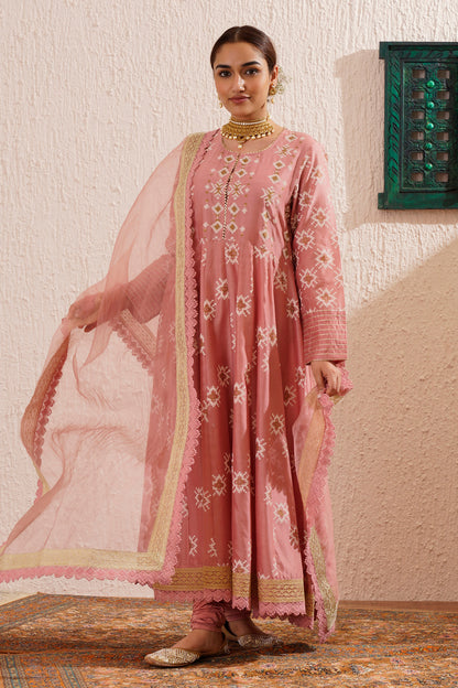 Block printed panelled anarkali with churidaar and organza dupatta