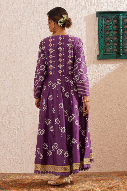 Block printed panelled anarkali with churidaar and organza dupatta