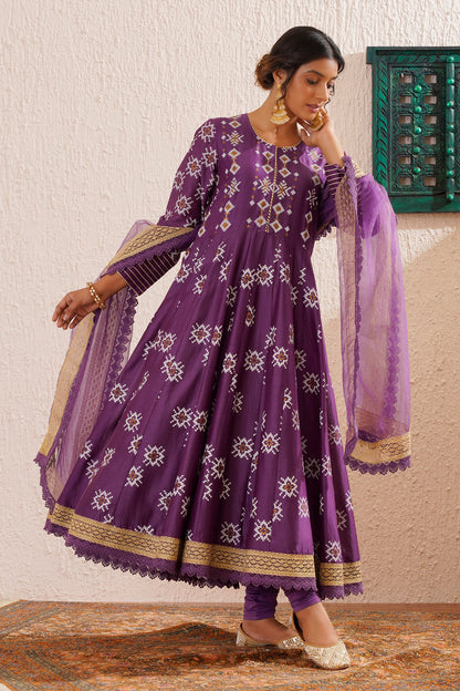 Block printed panelled anarkali with churidaar and organza dupatta