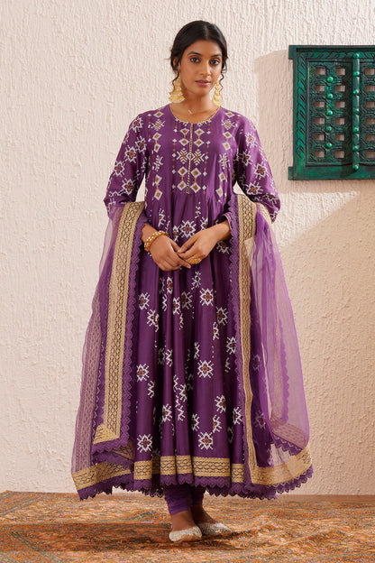 Block printed panelled anarkali with churidaar and organza dupatta