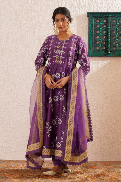 Block printed panelled anarkali with churidaar and organza dupatta