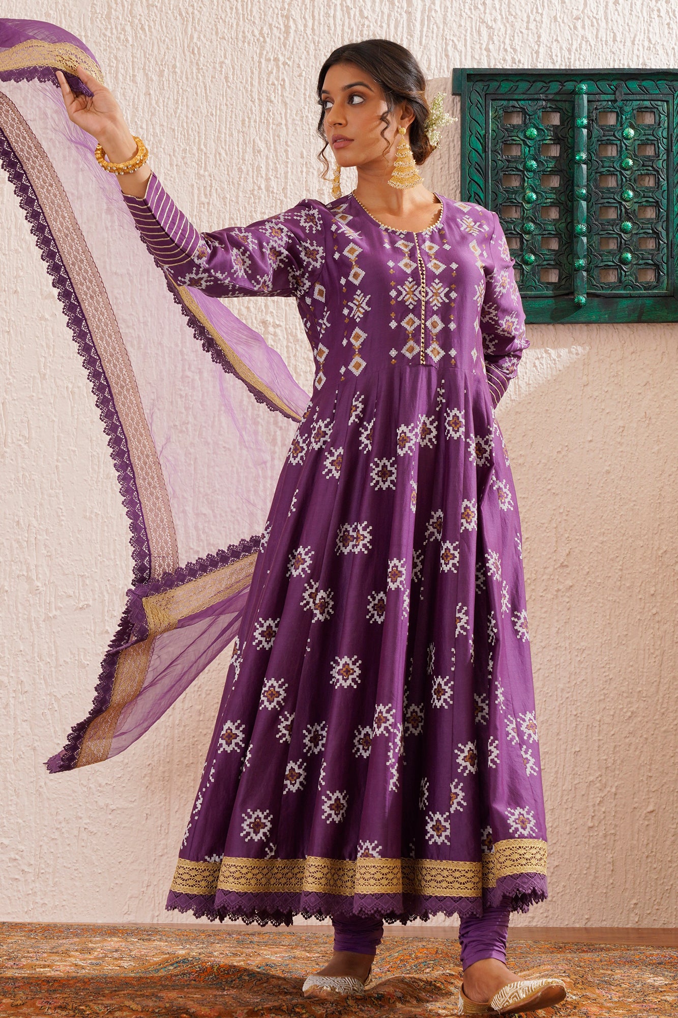 Block printed panelled anarkali with churidaar and organza dupatta