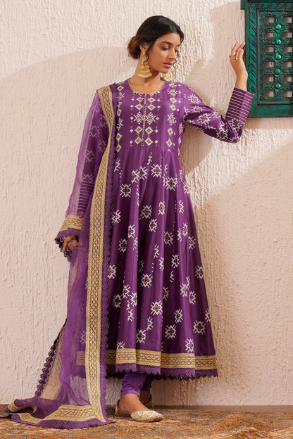 Block printed panelled anarkali with churidaar and organza dupatta