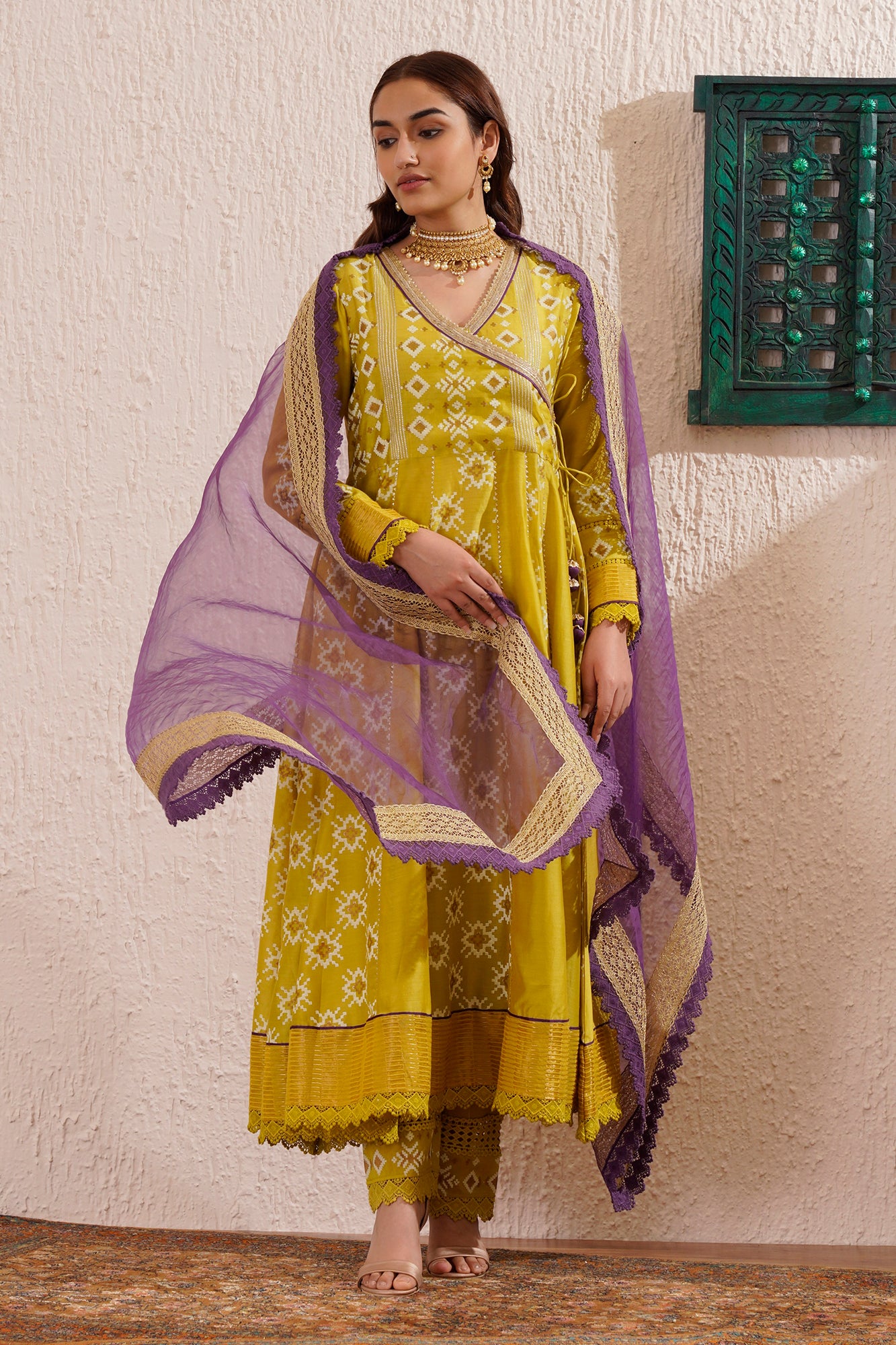 Block printed angrakha style kurta set with  pants and contrasting organza dupatta