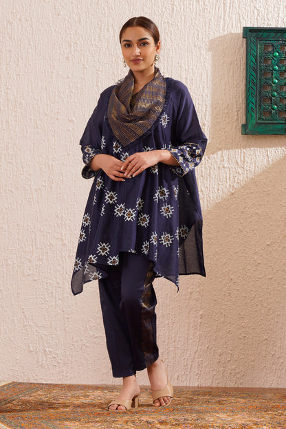 Block printed asymmetric tunic with tissue cowl neck and pants