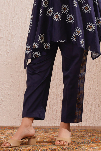 Block printed asymmetric tunic with tissue cowl neck and pants