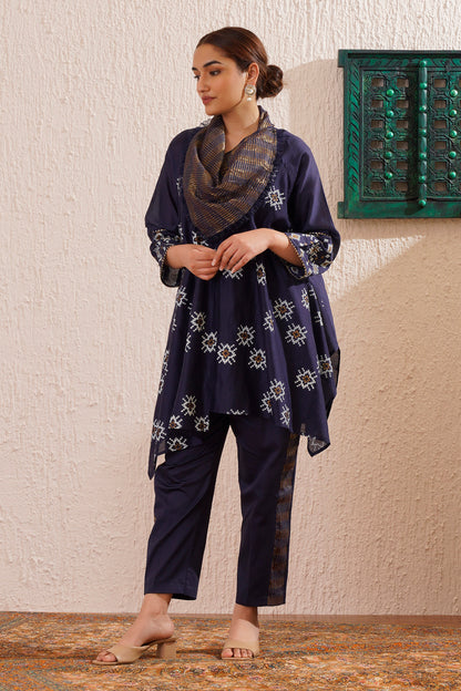 Block printed asymmetric tunic with tissue cowl neck and pants