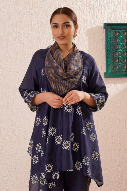 Block printed asymmetric tunic with tissue cowl neck and pants