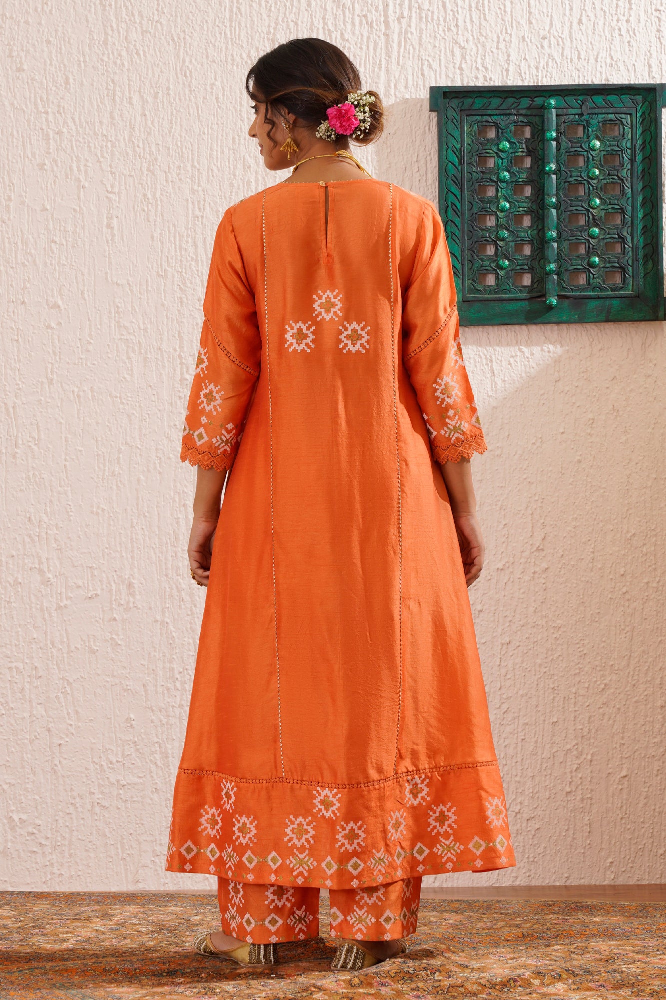 Orange Printed Panelled Kurta set in Silk