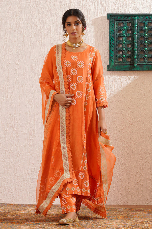 Orange Printed Panelled Kurta set in Silk