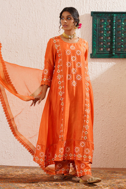 Orange Printed Panelled Kurta set in Silk