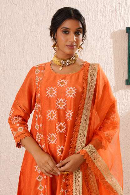 Orange Printed Panelled Kurta set in Silk