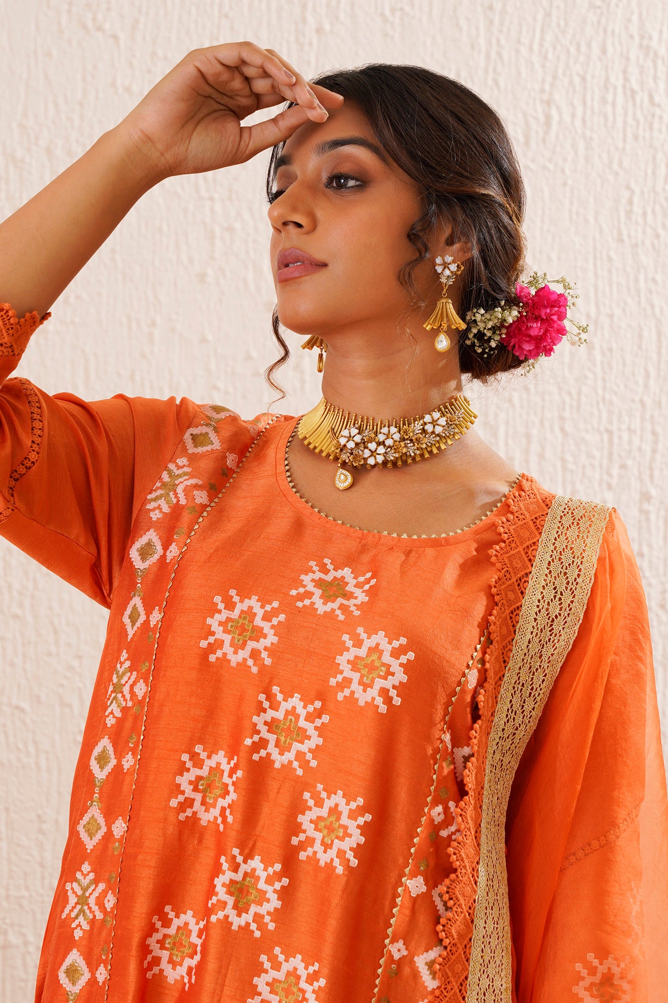 Orange Printed Panelled Kurta set in Silk