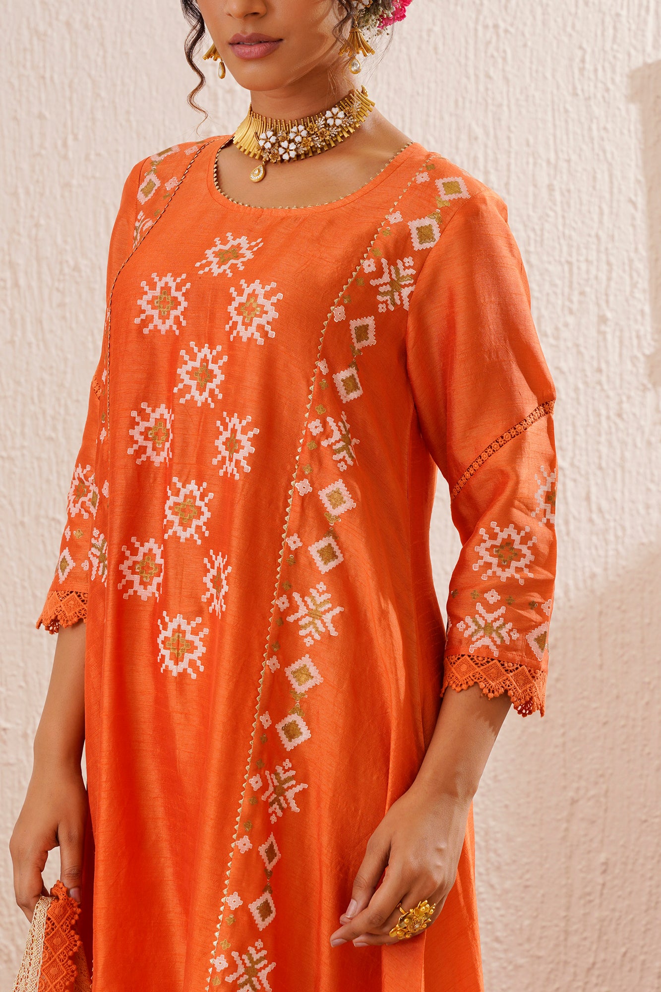 Orange Printed Panelled Kurta set in Silk