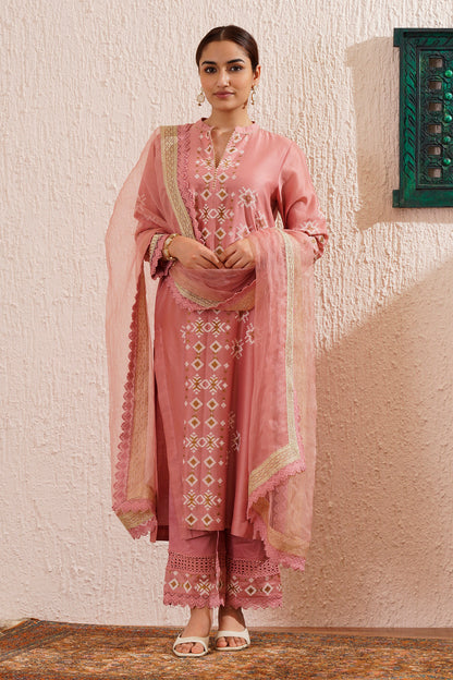 Block printed straight kurta set with lace detailing on pants and organza dupatta.