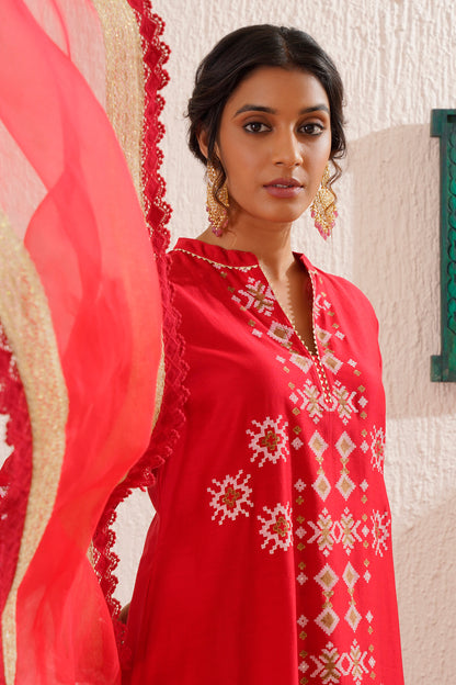 Block printed straight kurta set with lace detailing on pants and organza dupatta.