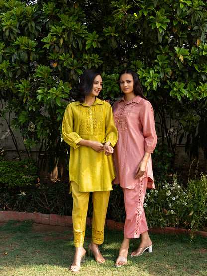 Yellow Collared Chanderi Shirt Co-Ord Set