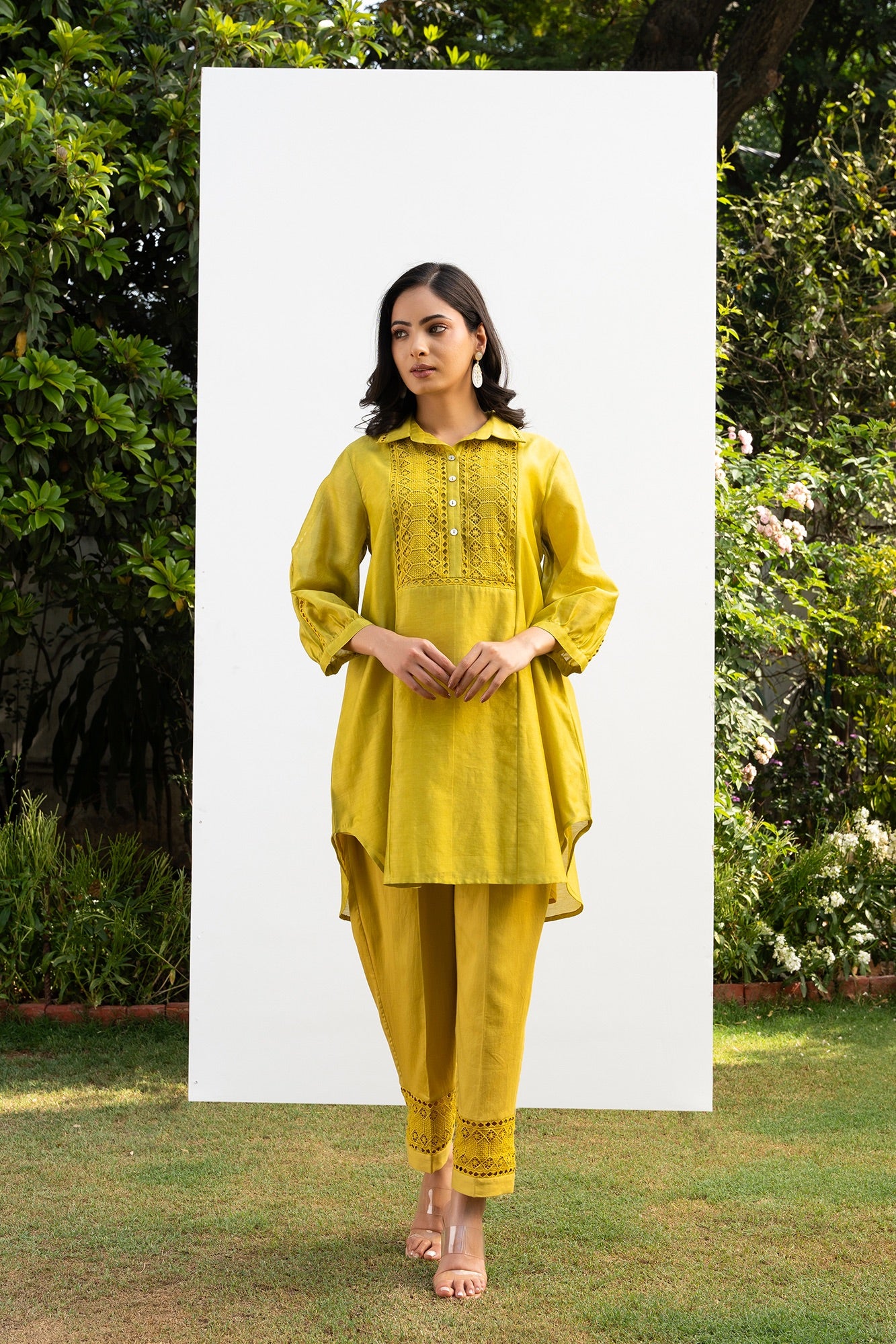 Lime-Green Collared Chanderi Shirt Co-Ord Set