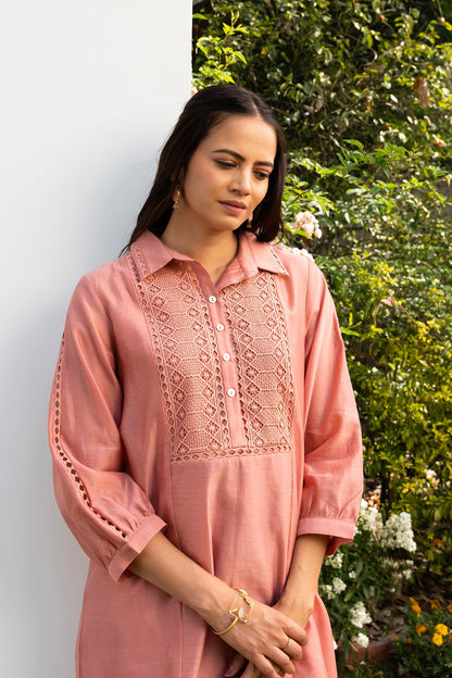 Pink Collared Chanderi Shirt Co-Ord Set