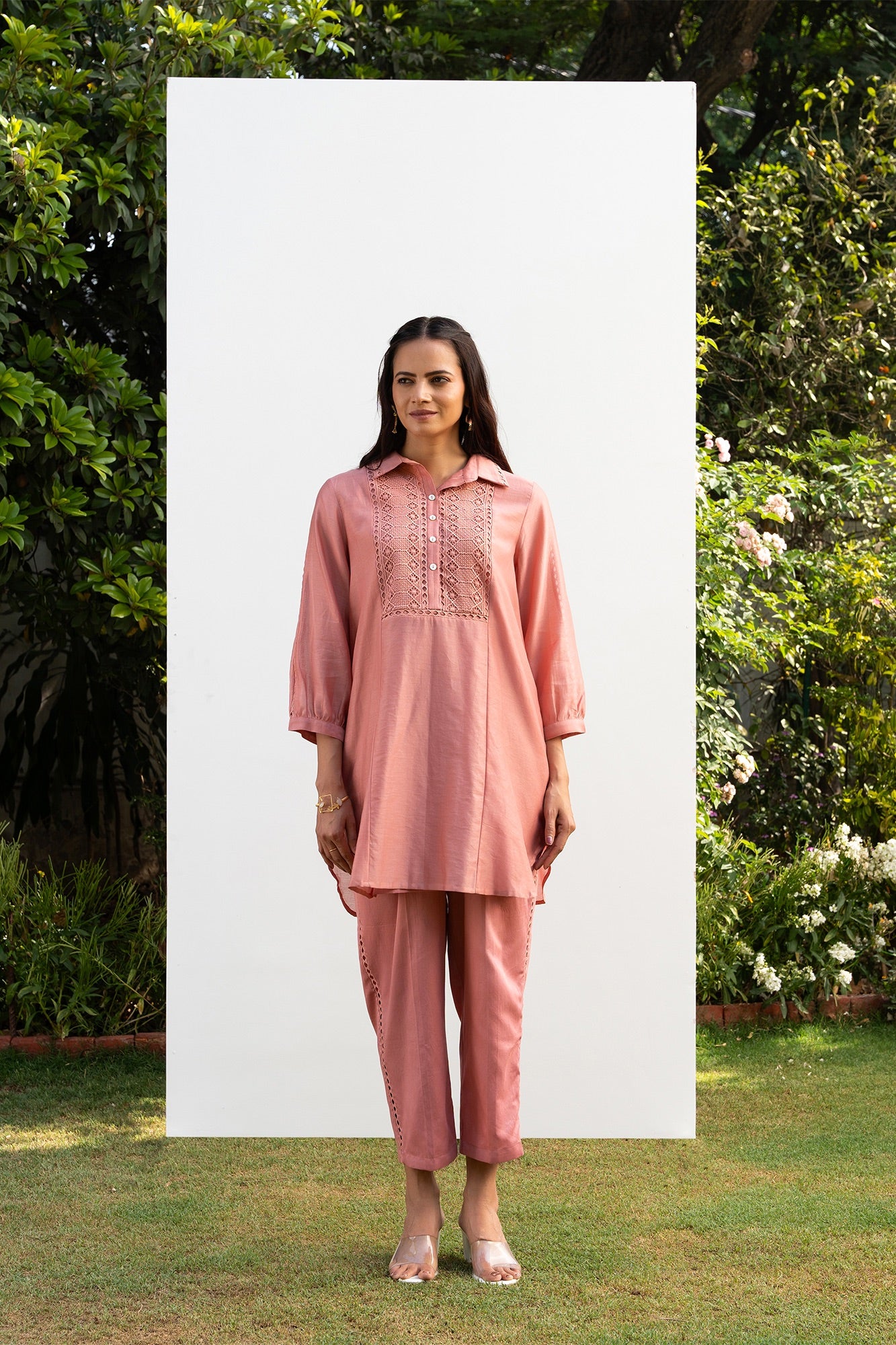 Pink Collared Chanderi Shirt Co-Ord Set