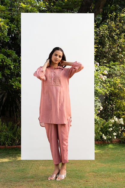 Pink Collared Chanderi Shirt Co-Ord Set