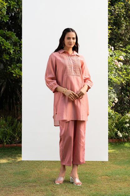 Pink Collared Chanderi Shirt Co-Ord Set