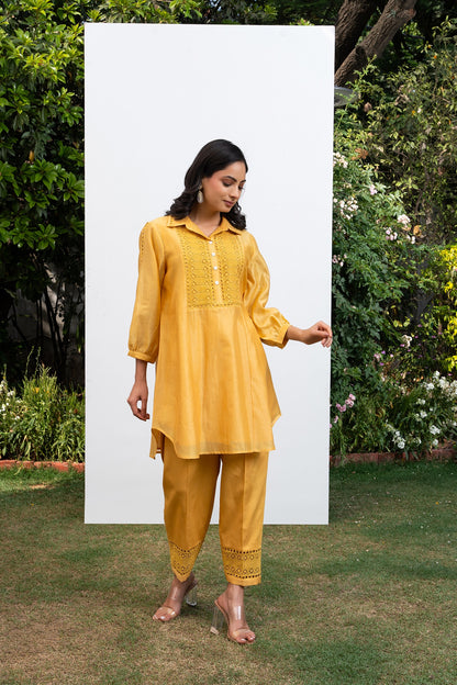 Yellow Collared Chanderi Shirt Co-Ord Set