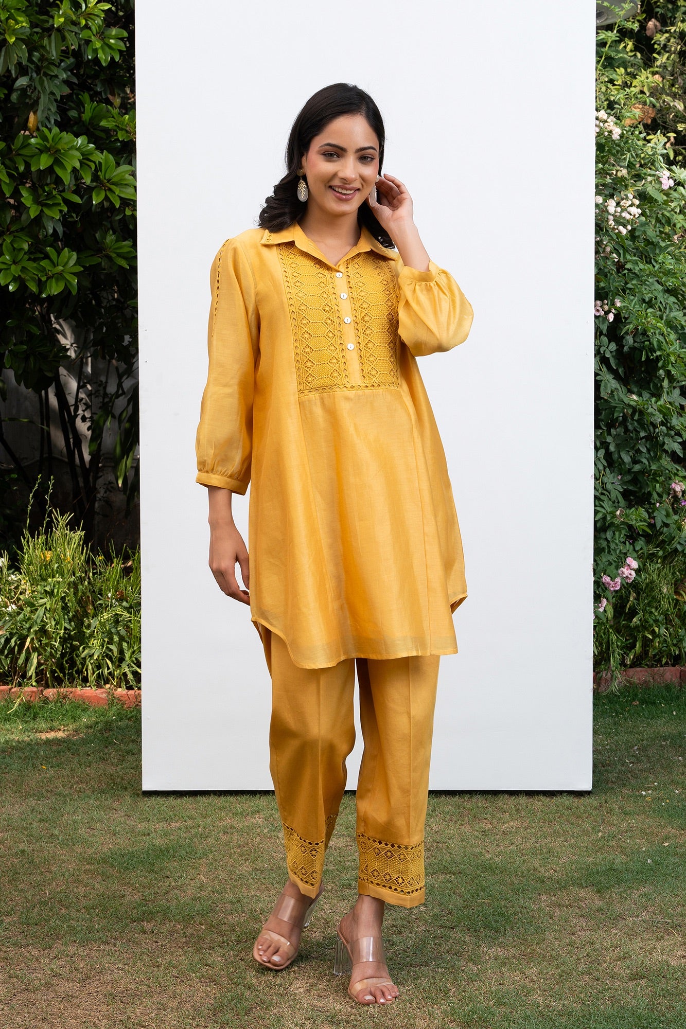 Yellow Collared Chanderi Shirt Co-Ord Set